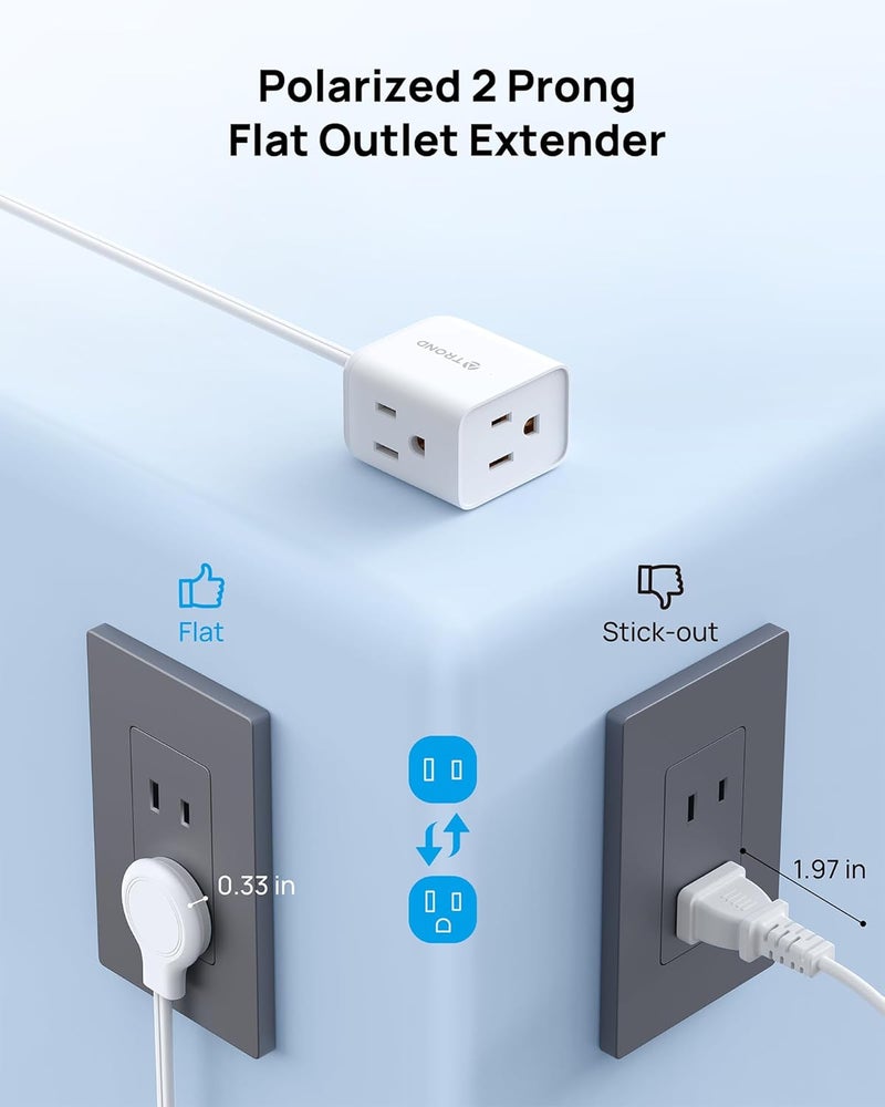 TROND Polarized 2 Prong to 3 Prong Flat Outlet Adapter with 6 Inch Cord, No Blocking 3 Way Flat Plug Outlet Extender Behind Furniture, For Non-ground Socket in Old House Home Office Travel, White - Image 3
